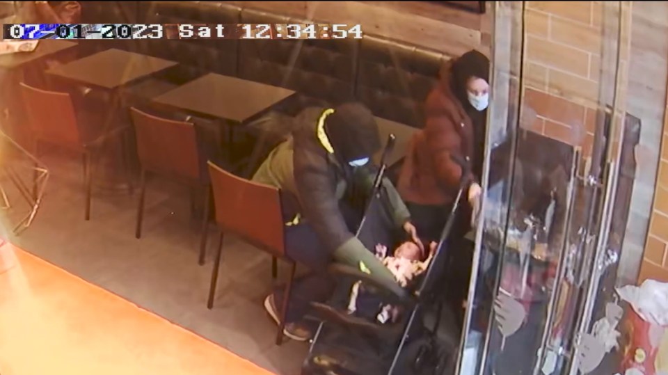 CCTV footage of Constance Marten, Mark Gordon, and baby Victoria in a German doner kebab shop.
