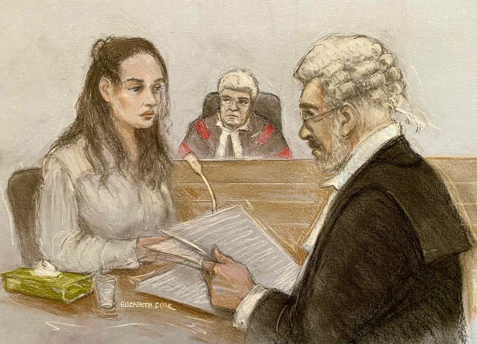Court sketch of Constance Marten being questioned by her barrister.