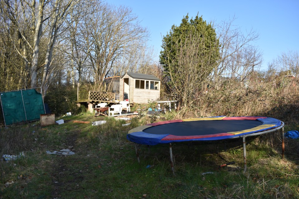 Photo of a cluttered garden shed and trampoline.