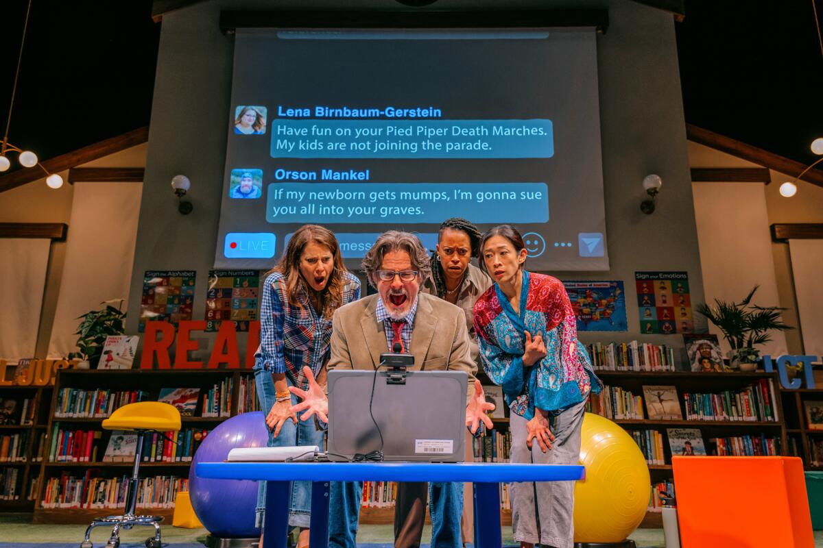 Mia Barron, left, Rick Holmes, Cherise Boothe, and Camille Chen in "Eureka Day" at Pasadena Playhouse.