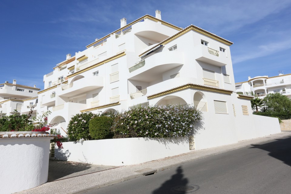 White apartment building in Praia da Luz, Portugal.