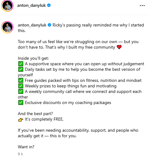 Anton Danyluk's Instagram post promoting his free community.