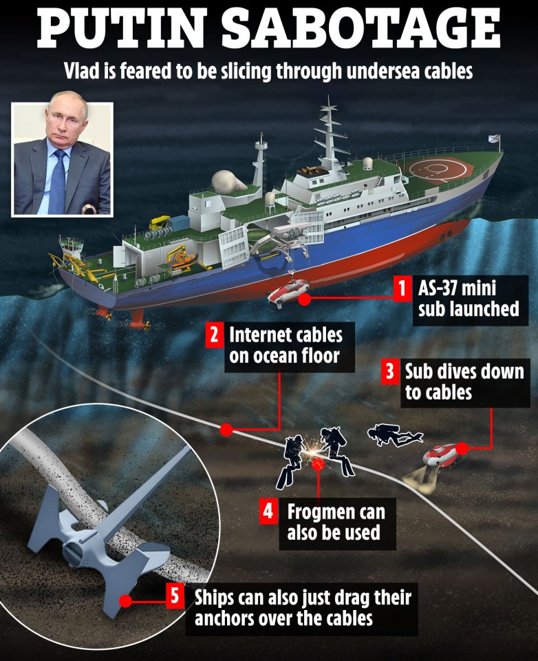 Illustration of how Putin is feared to be slicing through undersea cables.