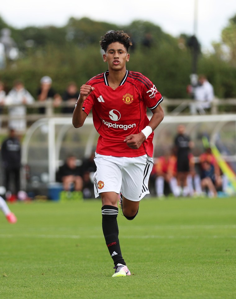 JJ Gabriel of Manchester United celebrates after scoring a goal.