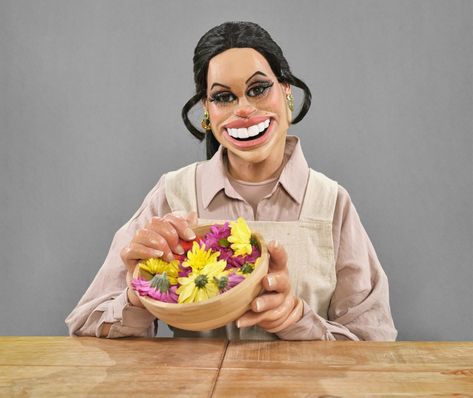 A puppet version of the Duchess of Sussex with a wide smile, wearing an apron, and holding a bowl of colorful flowers.