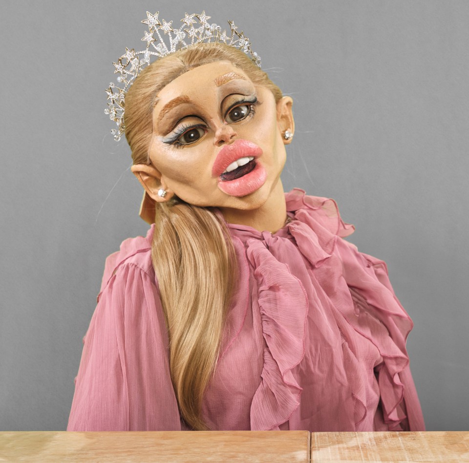 Spitting Image puppet of Ariana Grande wearing a tiara and a pink ruffled shirt.