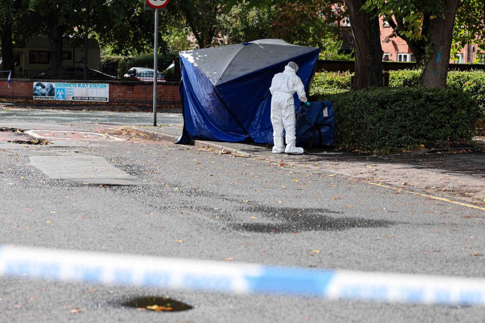 A forensic officer in a white suit works at a crime scene under a blue tent next to a green hedge, with a "GREENHEYS M.O.T STATION" sign in the background.