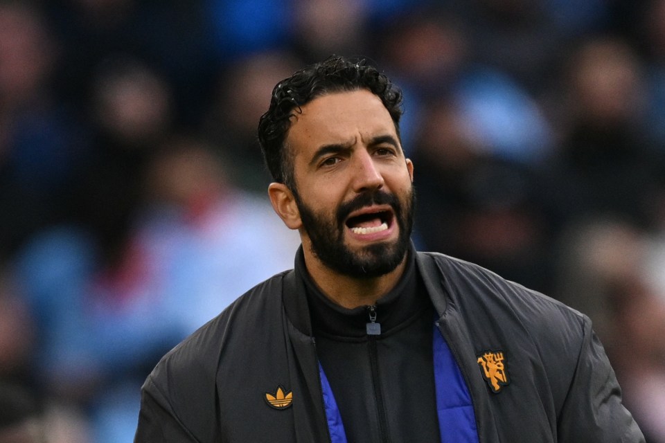 Manchester United's Portuguese head coach, Ruben Amorim, gestures on the touchline.