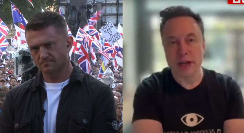 Collage of Elon Musk speaking via video link with Tommy Robinson at the "Uniting the Kingdom" rally.