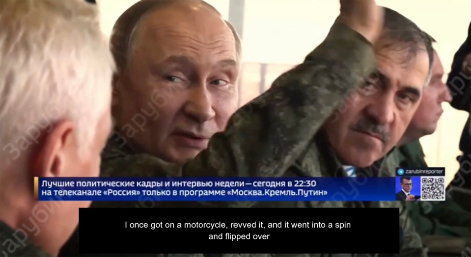 Vladimir Putin tells his Defence Minister Andrei Belousov how he almost killed himself after putting a motorbike into full throttle.