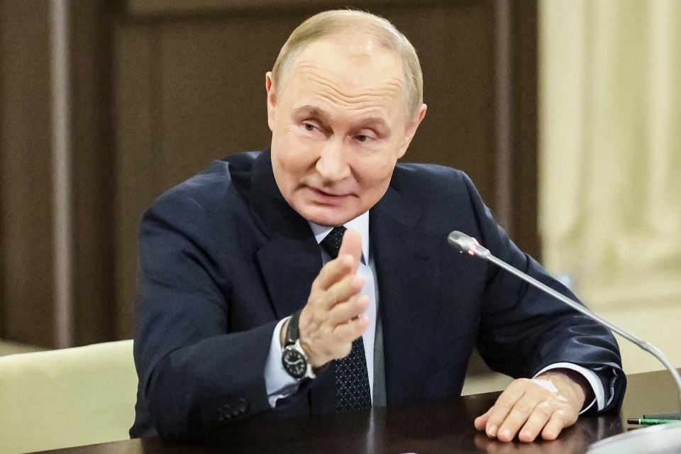 Russian President Vladimir Putin gestures while speaking at a meeting.