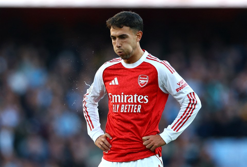 Arsenal's Martin Zubimendi reacts during a football match.