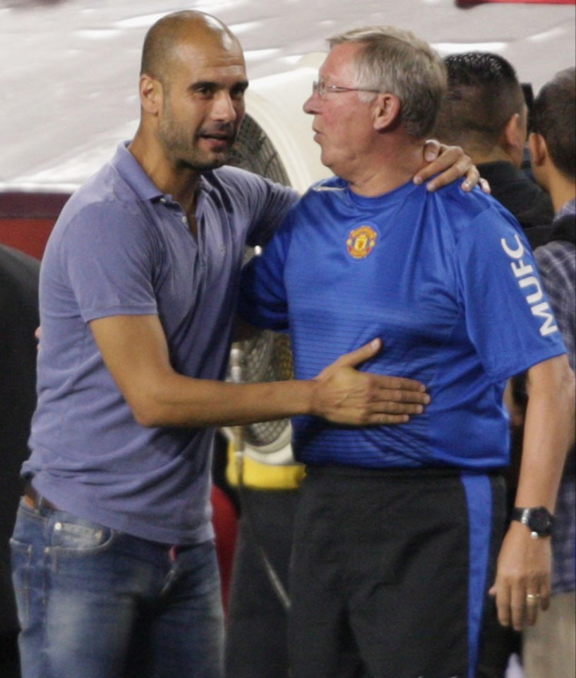 Pep Guardiola greeting Sir Alex Ferguson.