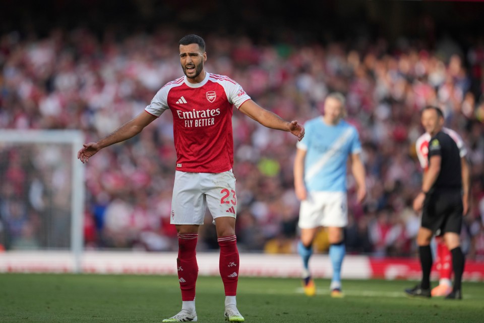 Arsenal's Mikel Merino reacts during the Premier League soccer match between Arsenal and Manchester City.