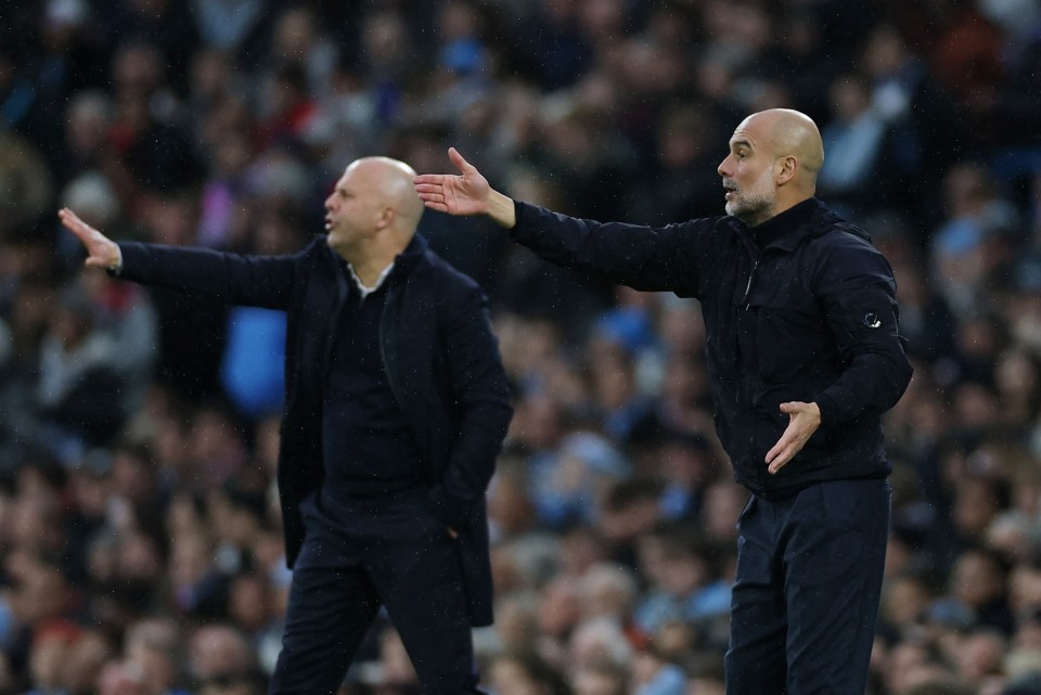 Liverpool manager Arne Slot and Manchester City manager Pep Guardiola gesturing on the sidelines.