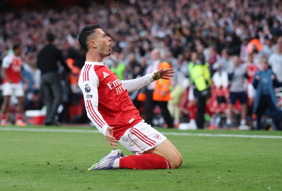 Gabriel Martinelli of Arsenal celebrates scoring his team's first goal.