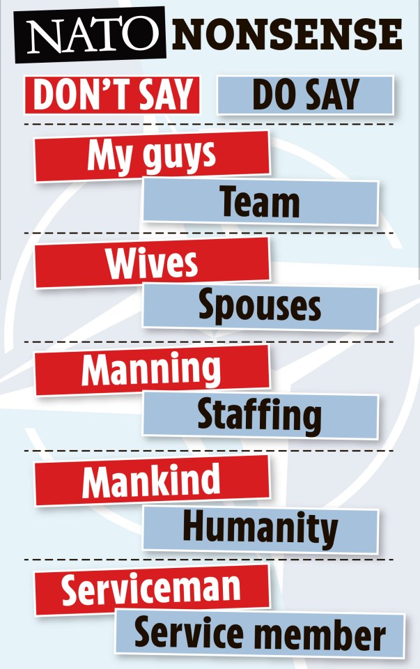 Illustration of a chart titled "NATO NONSENSE" showing words to "Don't Say" (My guys, Wives, Manning, Mankind, Serviceman) next to their "Do Say" alternatives (Team, Spouses, Staffing, Humanity, Service member).
