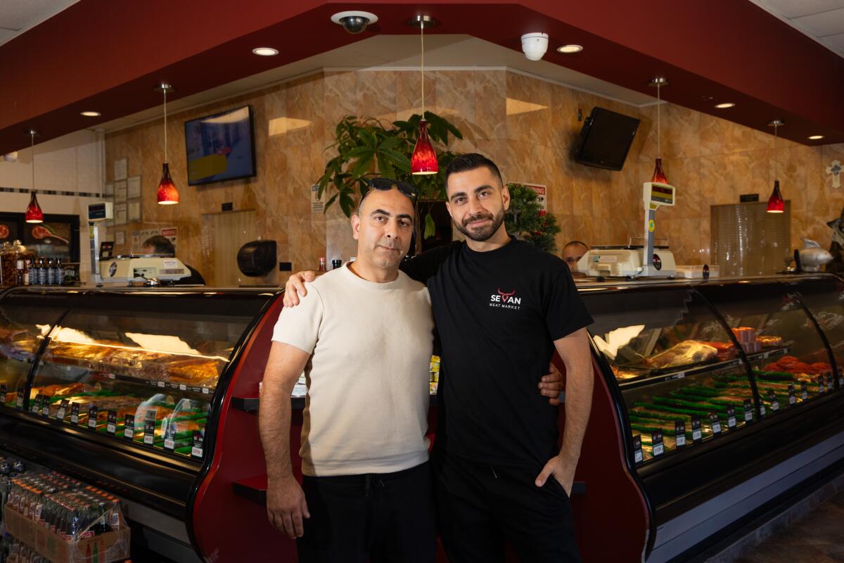 Glendale, CA - August 20, 2025: Sevan Meat Market manager Norvan Simonian and co-owner Serop Marukyan