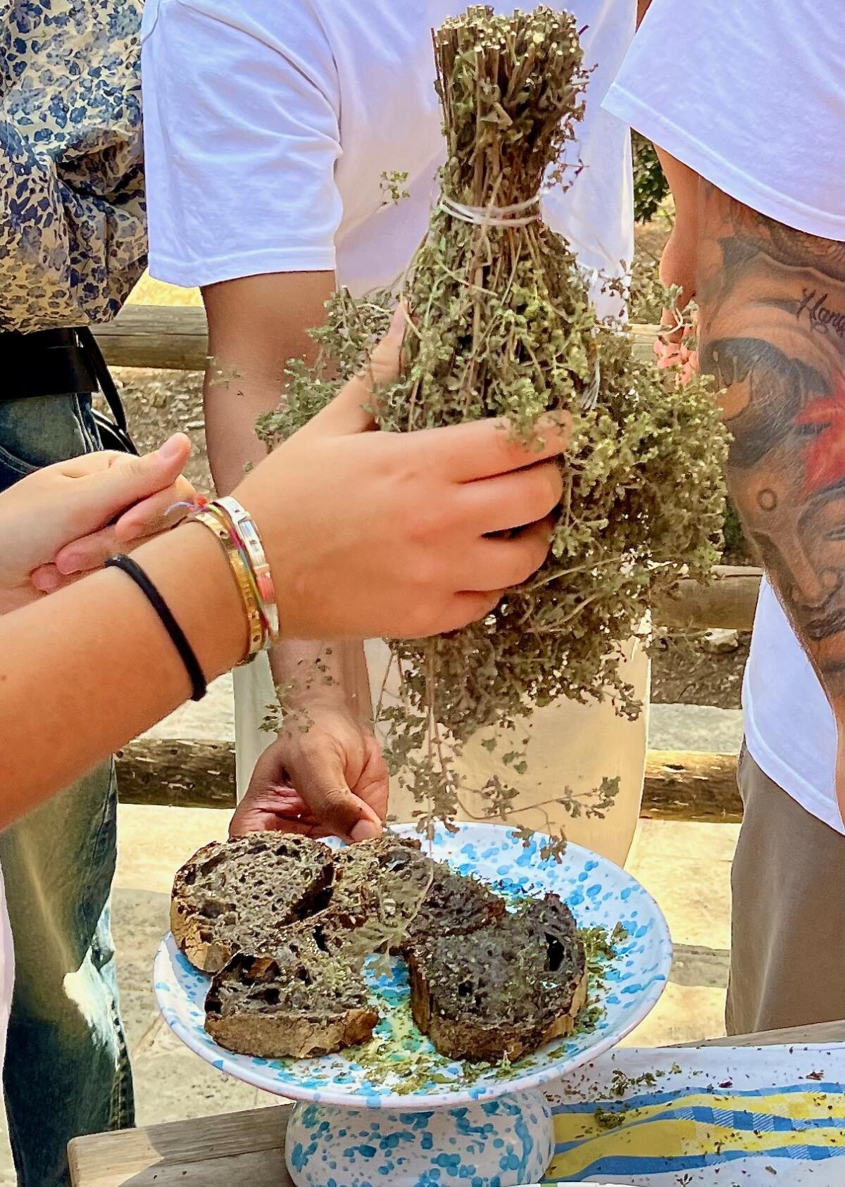 Sep 13, 2025-Wild oregano is shaken on bread made with burnt flour at Baby Dicecca, a restaurant in Puglia, Italy.