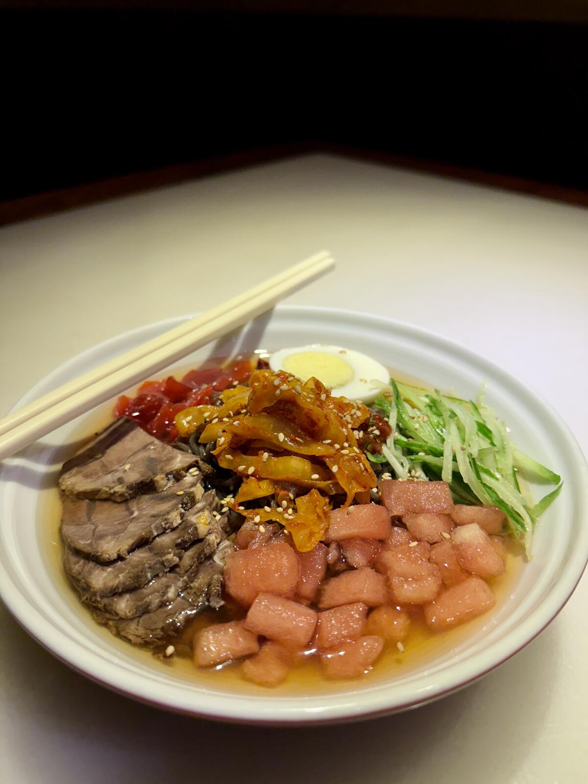 A bowl of Beijing Yanji cold noodles from Bistro Na's restaurant in Temple City.