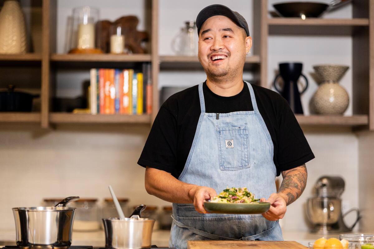 El Segundo, CA-Sept 10, 2025: Holy Basil chef-owner Deau Arpapornnopprat with noodle salad at the LA Times test kitchen