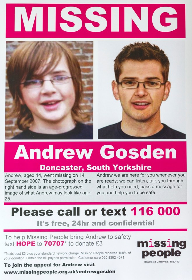 Missing poster for Andrew Gosden with two images of him and contact information.