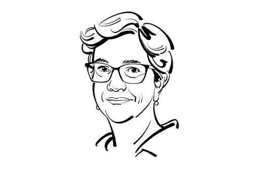 line drawing of a person with short hair and glasses on a white circle
