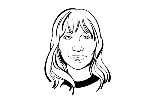 line drawing of a person with long hair on a white circle