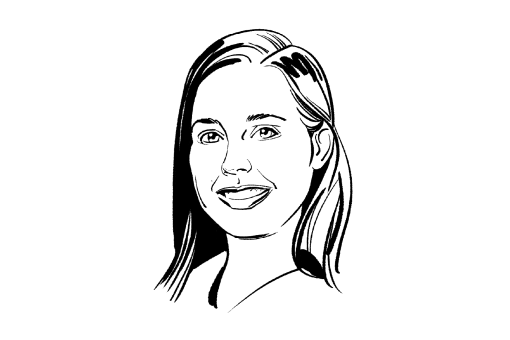 line drawing of a person with long hair on a white circle
