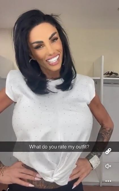Katie Price posing in a white top with the text "What do you rate my outfit?"