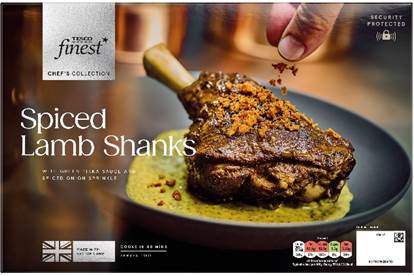 Tesco Finest Spiced Lamb Shanks ready meal packaging.