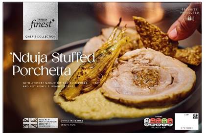 Tesco Finest 'Nduja Stuffed Porchetta ready meal packaging with a picture of the meal.