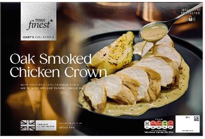 Tesco Finest Oak Smoked Chicken Crown ready meal packaging.