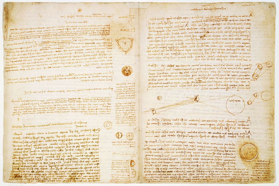 Leonardo da Vinci's manuscript showing scientific observations, theories, and diagrams about gravity, the moon, and planets.