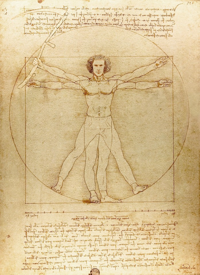 Illustration of Leonardo da Vinci's Vitruvian Man, showing a male figure in two superimposed positions with his limbs outstretched within a square and a circle, surrounded by handwritten text.