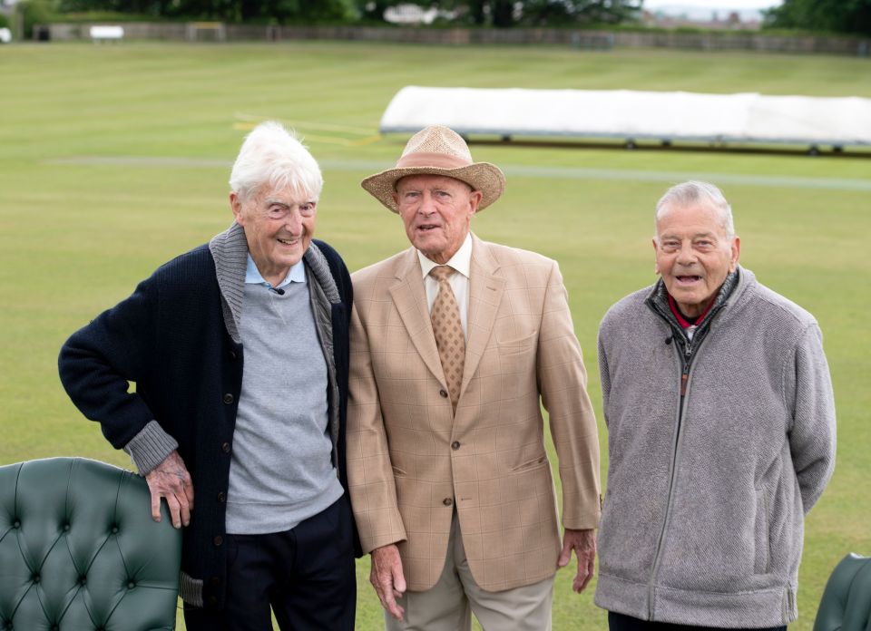 Michael Parkinson, Dickie Bird, and Geoffrey Boycott at Shaw Lane Cricket Ground.