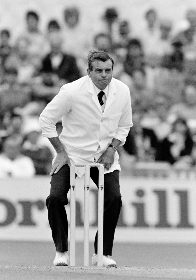 Cricket umpire Dickie Bird in action during the 4th Test match between England and Australia at Old Trafford, Manchester, 1985.