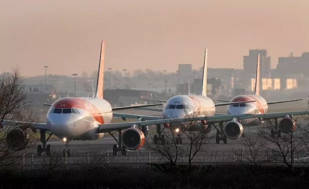 EasyJet planes queue to take off at Gatwick Airport