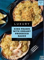 Frozen ready meal of King Prawn with Creamy Prosecco Sauce.