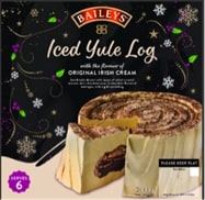 Baileys Iced Yule Log packaging, showing a sliced yule log with one piece separated, revealing the creamy filling and chocolate center.