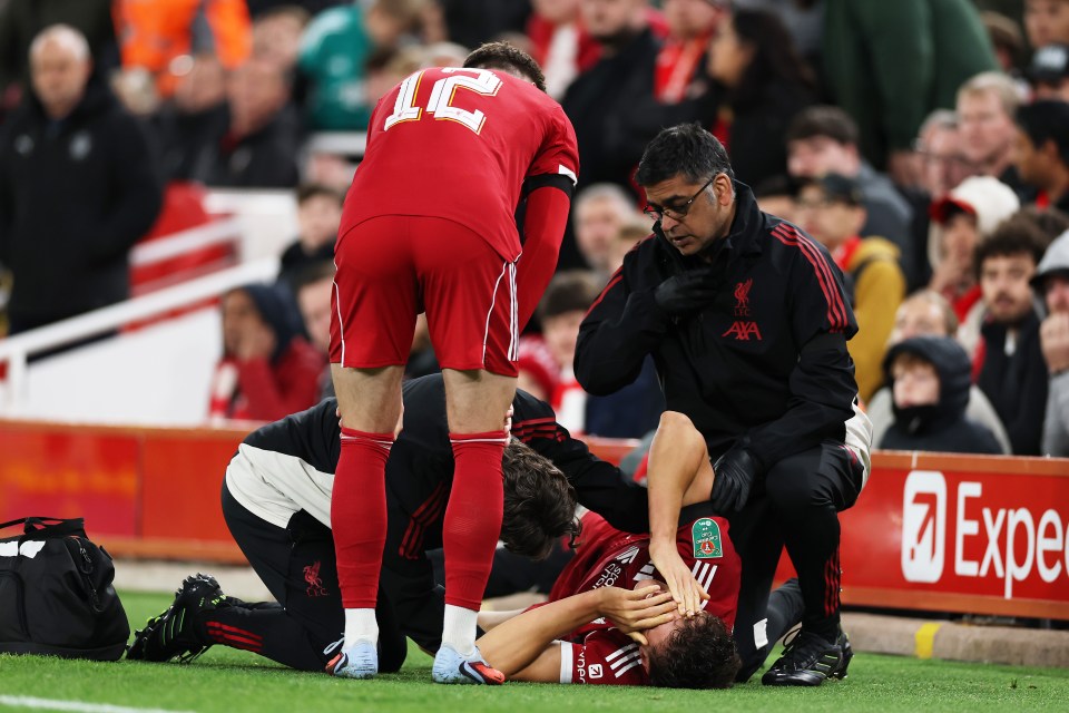 Giovanni Leoni of Liverpool receives medical treatment on the field during a football match.