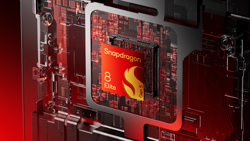 Illustration of the Snapdragon 8 Elite Gen 5 chip embedded in a red and black circuit board.