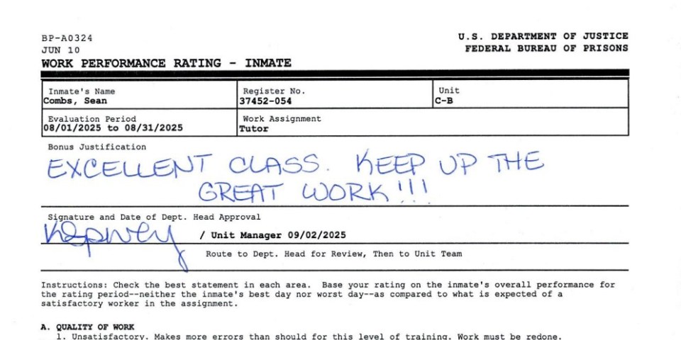 Work performance rating for inmate Sean Combs, registering him as a tutor with a bonus justification that reads "Excellent class. Keep up the great work!!!"