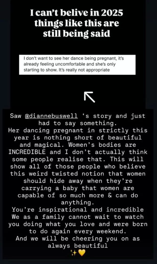 Post shared by Dianne Buswell showing comments from fans about her dancing whilst pregnant.