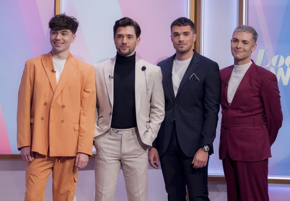 Union J band members George Shelley, JJ Hamblett, Josh Cuthbert, and Jaymi Hensley on the TV show 'Loose Women'.