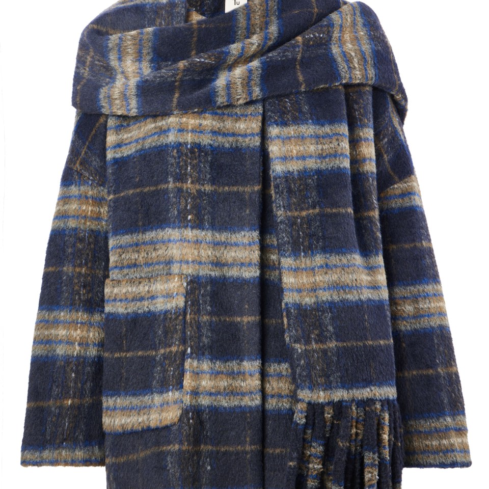 Blue and tan plaid overcoat with a matching scarf and fringe.