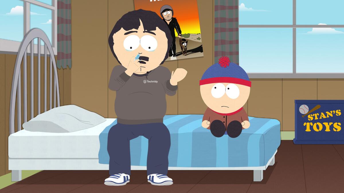 An animated still of a man a grey sweater and jeans sitting on a bed next to a boy in a blue beanie and brown coat.