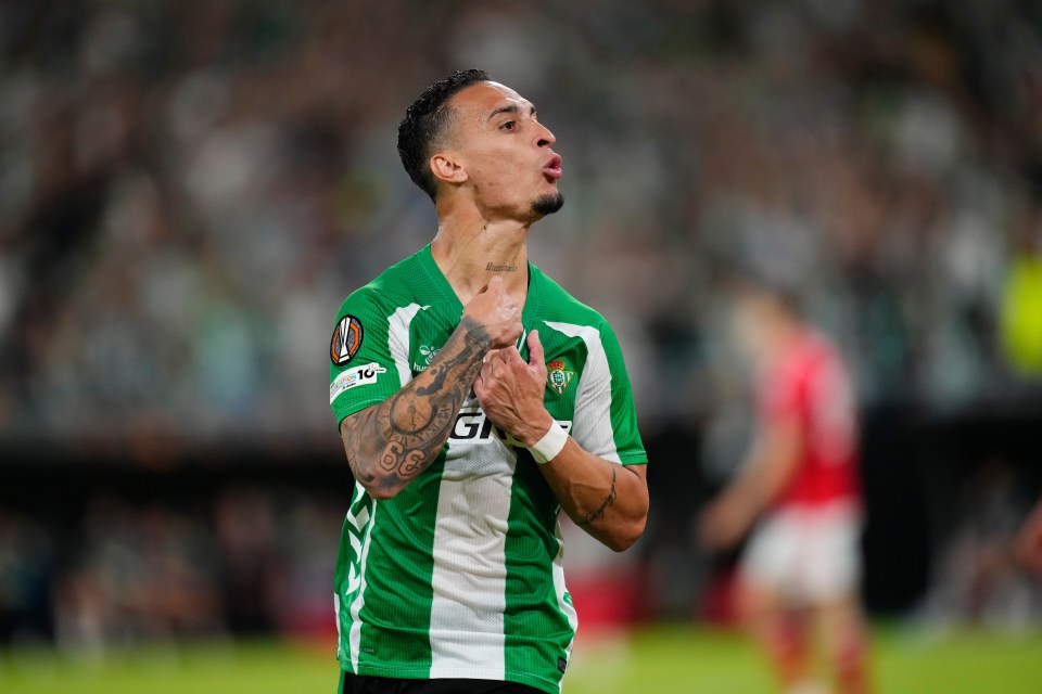 Antony celebrates after scoring a goal for Betis during a Europa League soccer match.