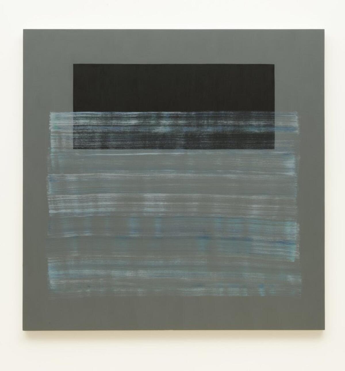 An abstract painting of a solid black rectangle with light white and blue horizontal brush strokes on a gray background.