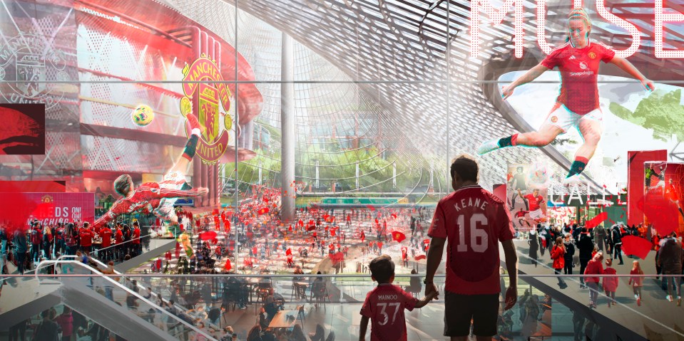 Illustration of the interior of Manchester United's proposed new stadium with images of players and fans.
